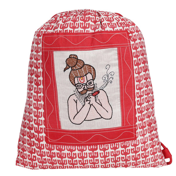 Indha Craft Baba Hand Embroidery work with Ethnic Block Print Red Colour Cotton Drawstring Bag for Men/Women