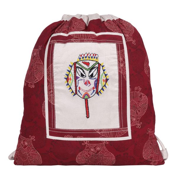Indha Craft Ice- Cream Hand Embroidered Maroon Drawstring Bag/Sports Bag/ Gym Bag for Girls/Women