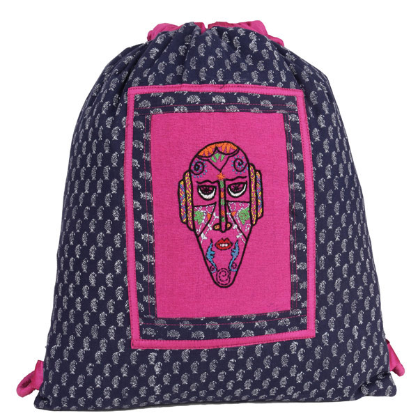 Indha Craft Mask Hand Embroidery Work Navy Blue Colour Cotton Drawstring Bag/ Sports Bag/ Gym Bag