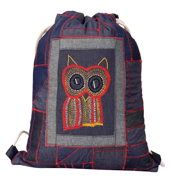 Indha Craft Owl Hand Embroidery Work Denim Blue Unisex Drawstring Bag/ Sports Backpack/ Gym Bag