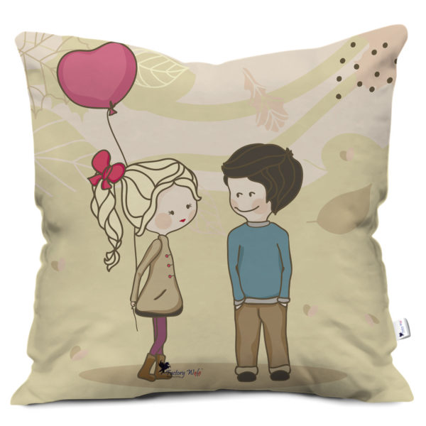 Romantic Boy & Girl Falling in Love Satin Cushion Cover, 12X12, Beige