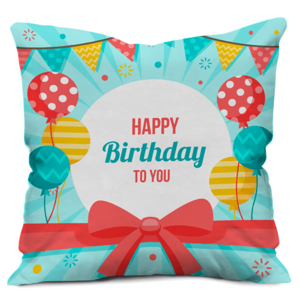 Beautiful Birthday Banner with Flying Happy Birthday Balloons Print Cushion