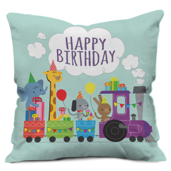 Cute Cartoons Celebrating Your Happy Birthday Print Satin Cushion Cover, Light Blue