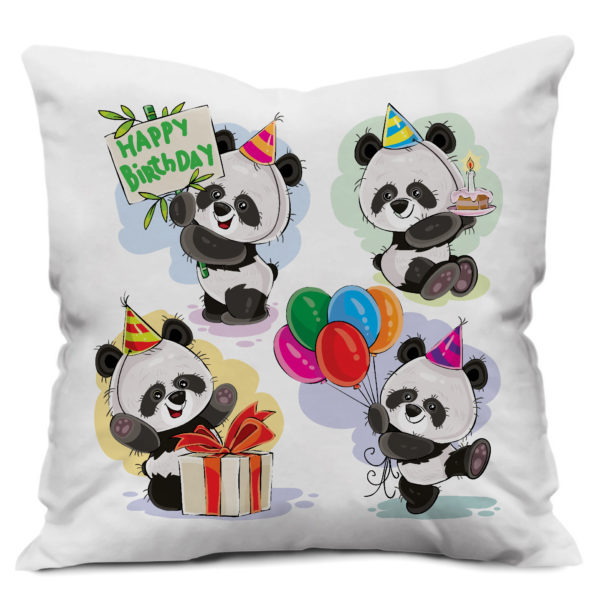 Cute Little Panda Celebrating Birthday Printed Satin Cushion Cover