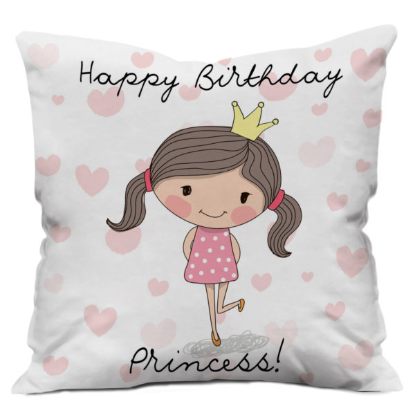 Cute Princess illustrator with Happy Birthday Princess Text Cushion Cover. Pink