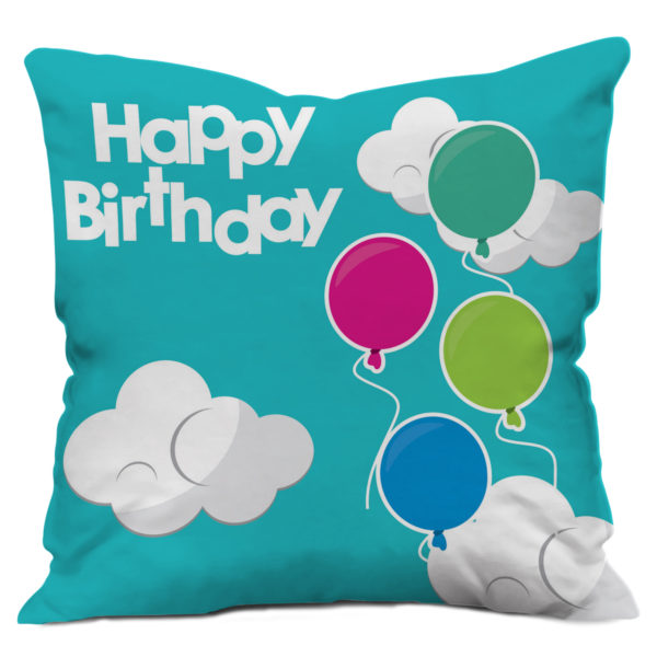 Flying Balloons in the Sky Happy Birthday Text Print Satin Cushion
