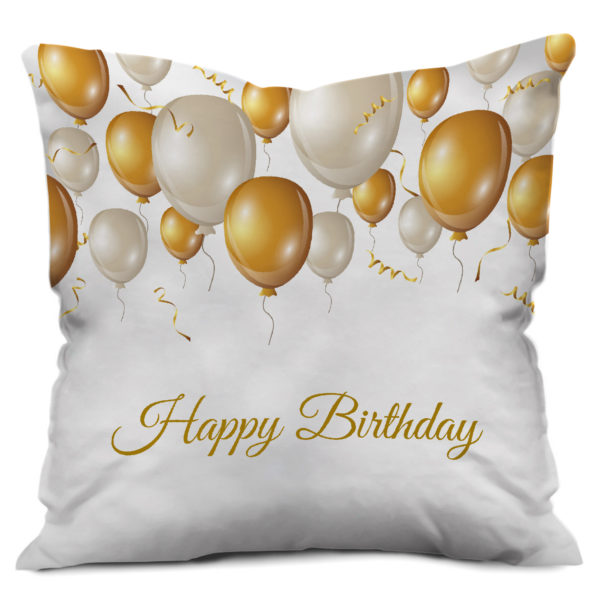 Golden and White Flying Balloons with Birthday Text Print Cushion Cover, White