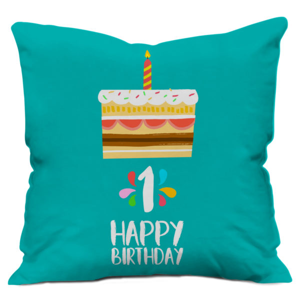 Happy 1st Birthday with Cake Print Soft Satin Cushion Cover, Blue
