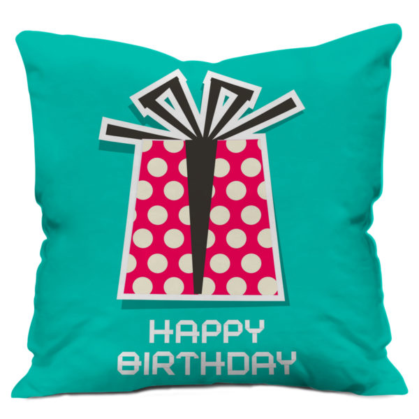 Happy Birthday Gift Box Printed Satin Cushion Cover, Aqua Blue