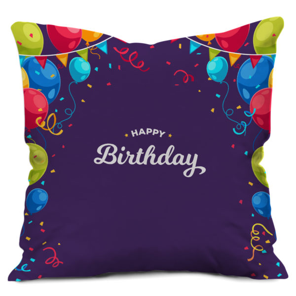 Happy Birthday Text with Decoration Banner Border Satin Cushion Cover, Purple