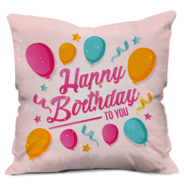 Happy Birthday Text with Flying Balloons Printed Satin Cushion Cover, Pink