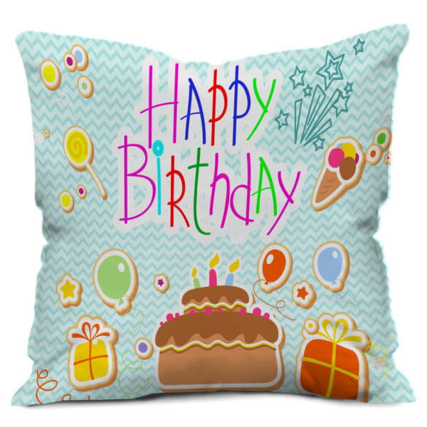 illustrator Cake with Flying Balloons Happy Birthday Print Satin Cushion