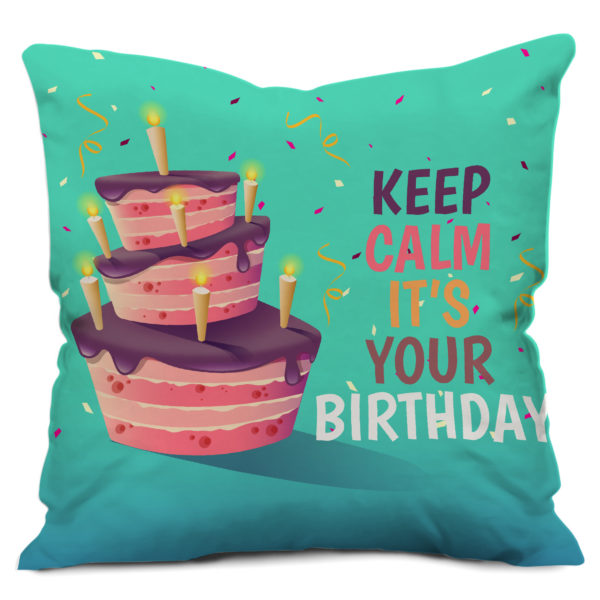 Keep Calm Text with Happy Birthday Cake Printed Satin Cushion Cover, Green