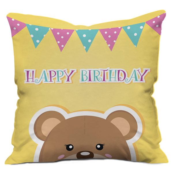 Little Panda Saying Happy Birthday Satin Cushion Cover, Multi