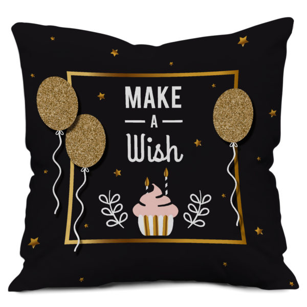 Make a Wish Text with Glitter Balloons Cake with Candle Printed Soft Satin Cushion Cover, Black