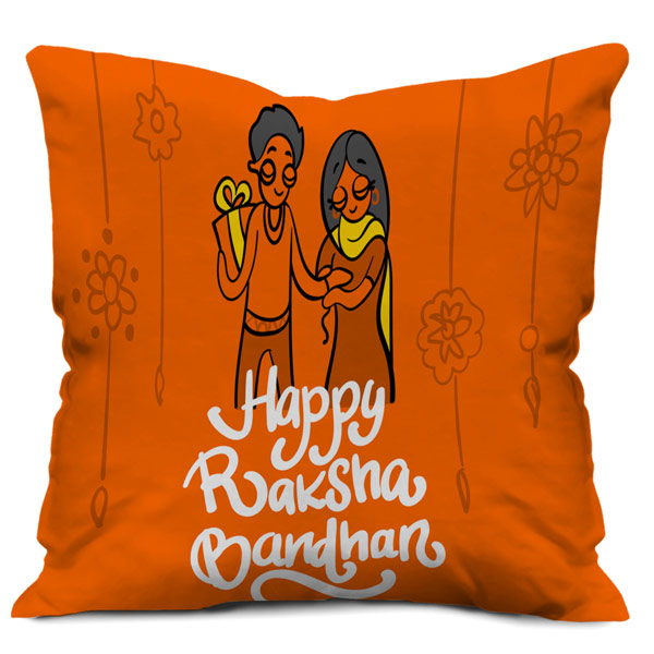 Happy Rakshabandhan Quote Printed Satin Cushion Cover, Orange