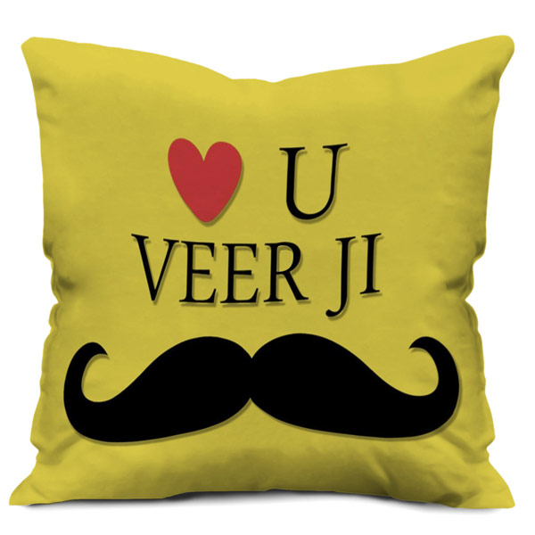 Love You Veer Ji Rakhi Birthday Gift for Brother Satin Cushion, Yellow
