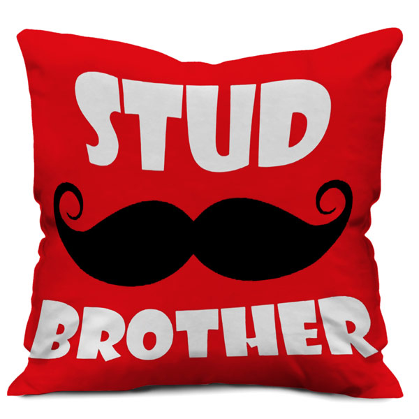 Stud Brother Mustache Quote Printed Satin Cushion Cover, Red