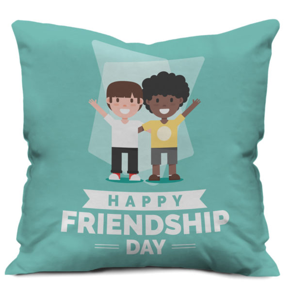 Cute Cartoon Boys are Celebrating Friendship Day Text Printed Cushion Cover, Blue