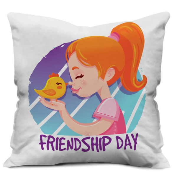 Cute Girl Celebrating Friendship day with Little Bird Satin Cushion Cover, Multi