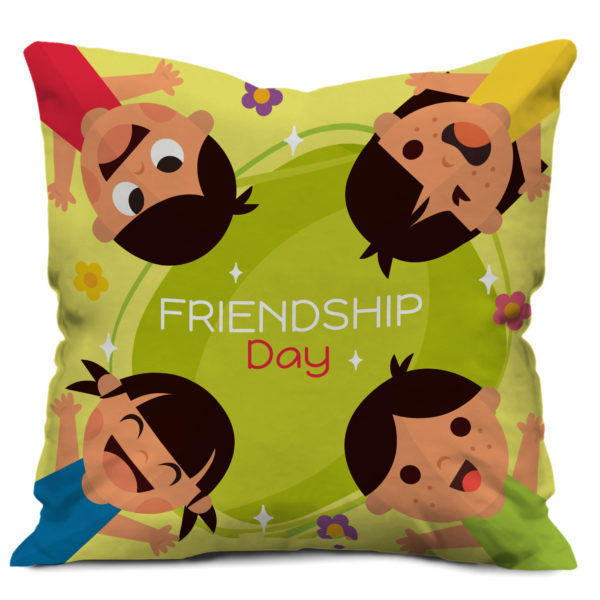 illustrator Friends Enjoying Friendship Day Satin Cushion Cover, Green