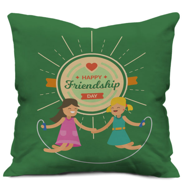 Little Best Friends Enjoying Friendship Day Printed Cushion Cover, Green