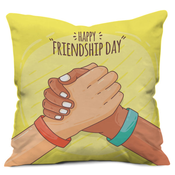 Strong Friendship Hands with Friendship Day Text Printed Satin Cushion Cover, Yellow