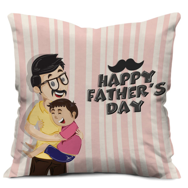 Father Holding his Boy Mustache Printed Cushion Cover with Filler (12X12, Light Pink)