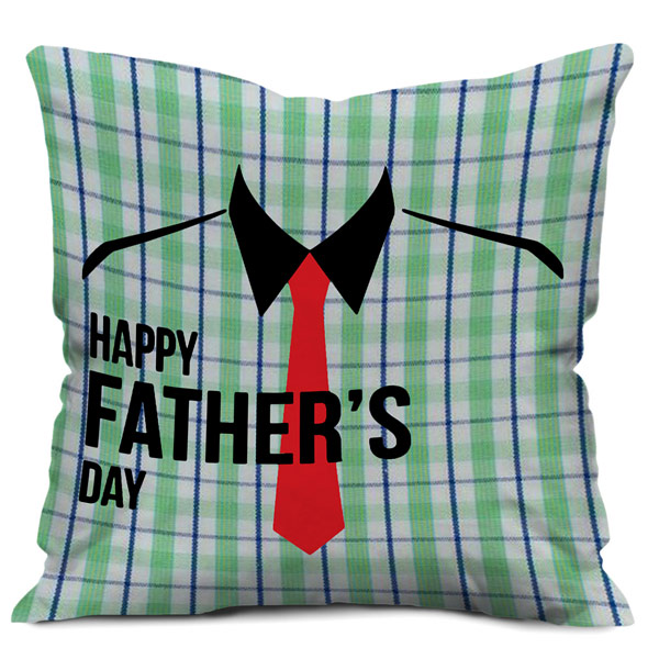 Happy Father's day Checkered Print Satin Cushion Cover (12X12, Green)