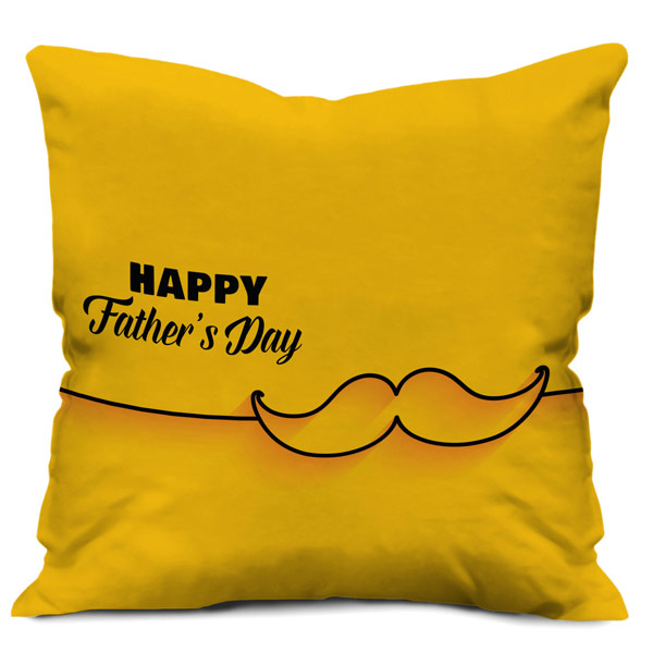 Happy Father's Day Text with 3D Mustache Satin Cushion Cover (12X12, Yellow)