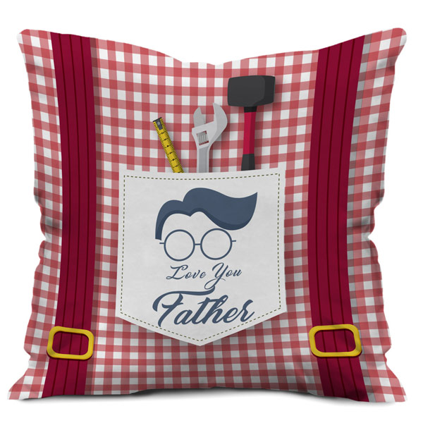 Love You Father with Checks Pocket Cushion Cover (12X12, Maroon)