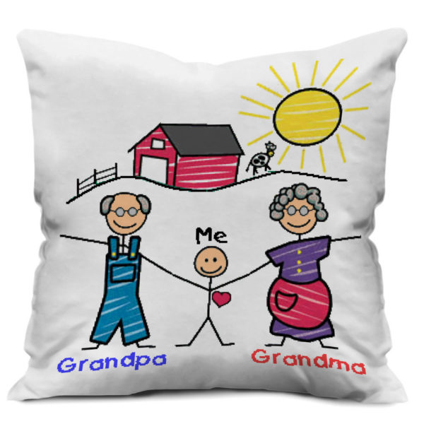 Handmade Family Drawing with Grandparents Satin Cushion Cover