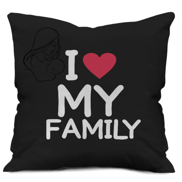 I Love My Family Quote Printed Satin Cushion Cover, Black