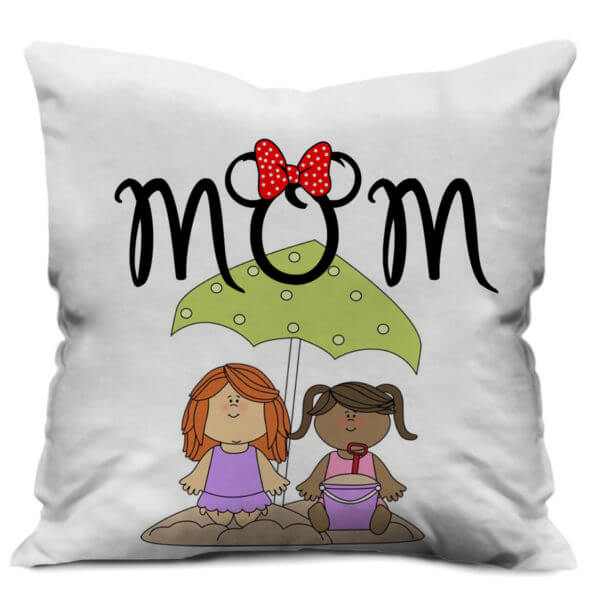 Little Cartoon Girls with Mom Text Print Satin Cushion Cover