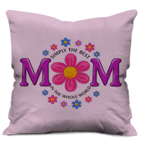 Mom Text Floral Border Printed Satin Cushion Cover, Pink