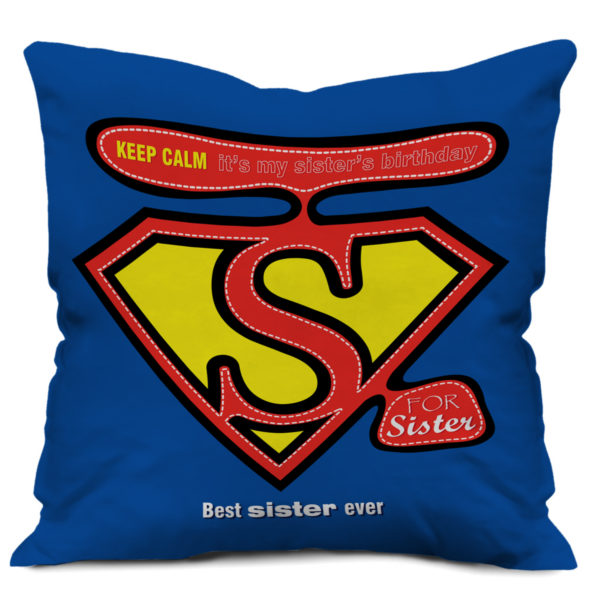 Best Sister Ever Text Printed Satin Cushion Cover, Blue