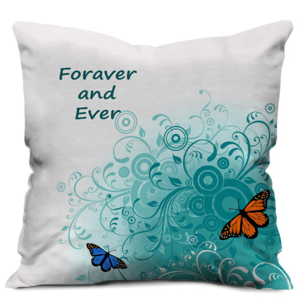 Forever and Ever Text with Flying Butterfly Printed Cushion Cover, Aqua Blue