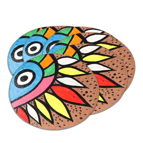 Indha Craft Handpainted Tea/Coffee Wooden Coaster Set (Pack of 6)