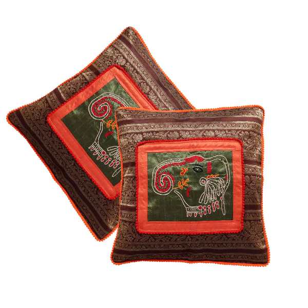 Indha Craft 16 Inch Zari Ethnic Hand Embroidered Decorative Cushion Cover -Set of 2