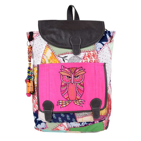 Indha Craft Owl Embroidery Motif Cotton Patchwork Multi Coloured Stylish Backpack