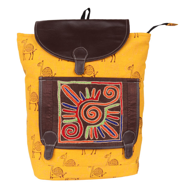 Indha Craft Hand Block Printed Yellow Colour Backpack Bag/Travel Bag for Women