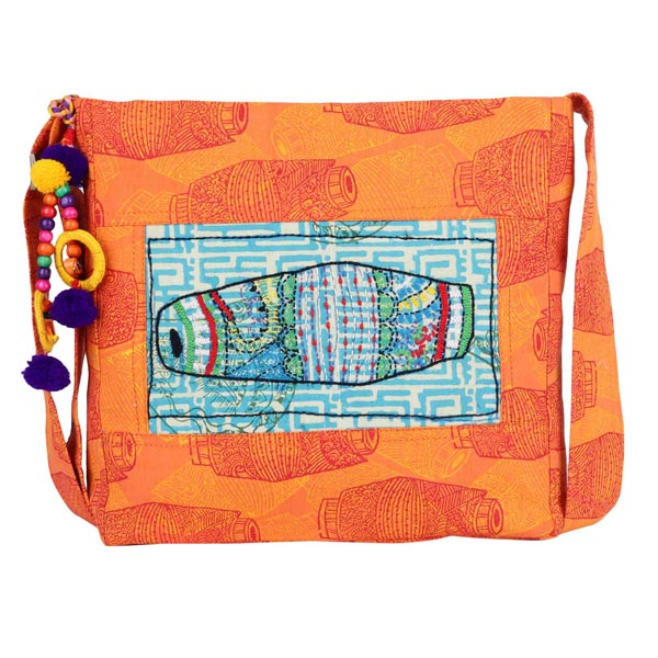 Indha Craft Dholak Embroidery Orange Colour Ethnic Hand Block Print College Bag/Sling Bag for Girls/Women