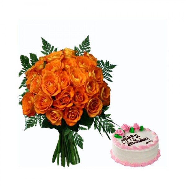 Orange Roses with Cake