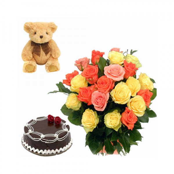 Mix roses with cake and teddy