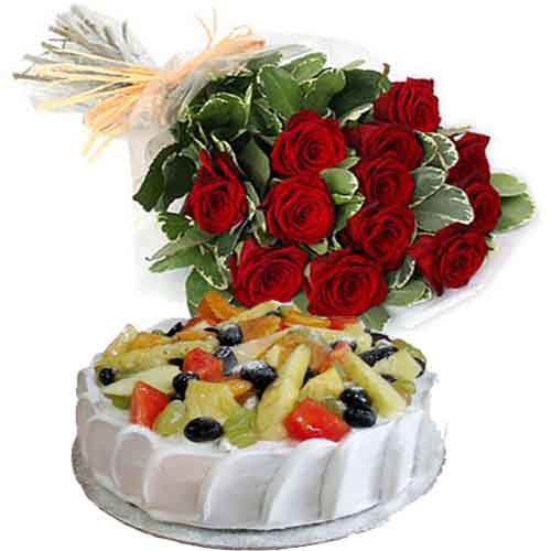 12 Red Roses with Fruit Cake