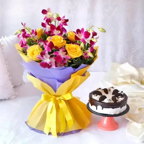 Bouquet of Purple Orchids & Yellow Roses with Oreo Cake (Half Kg)