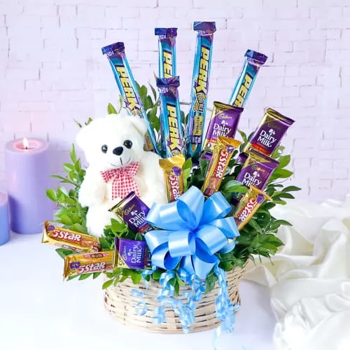 Cadbury Chocolates with Teddy in Basket Arrangement