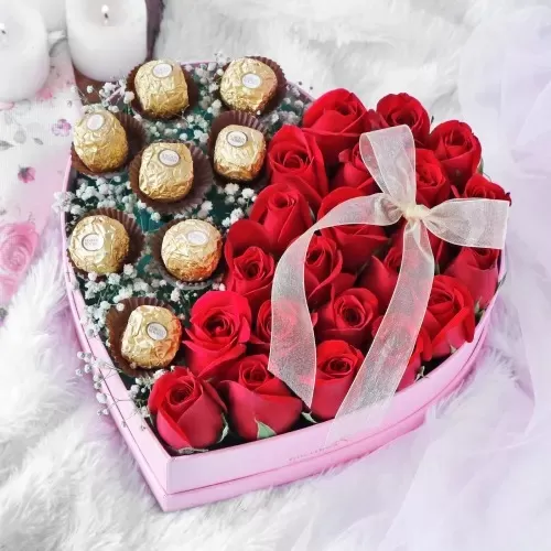 Gourmet Chocolates and Red Roses in Heart Shaped Gift Box