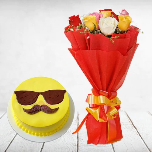 Mix Roses Bouquet With Pineapple Cool Dad Cake