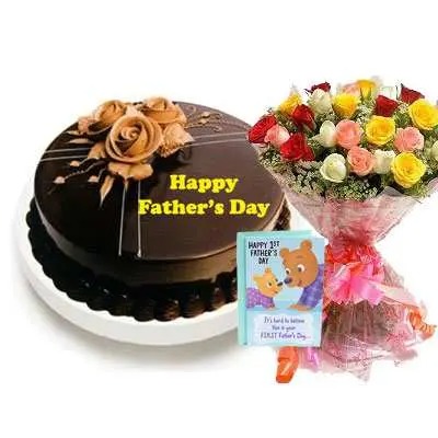 Fathers Day Chocolate Truffle Cake, Bouquet & Card
